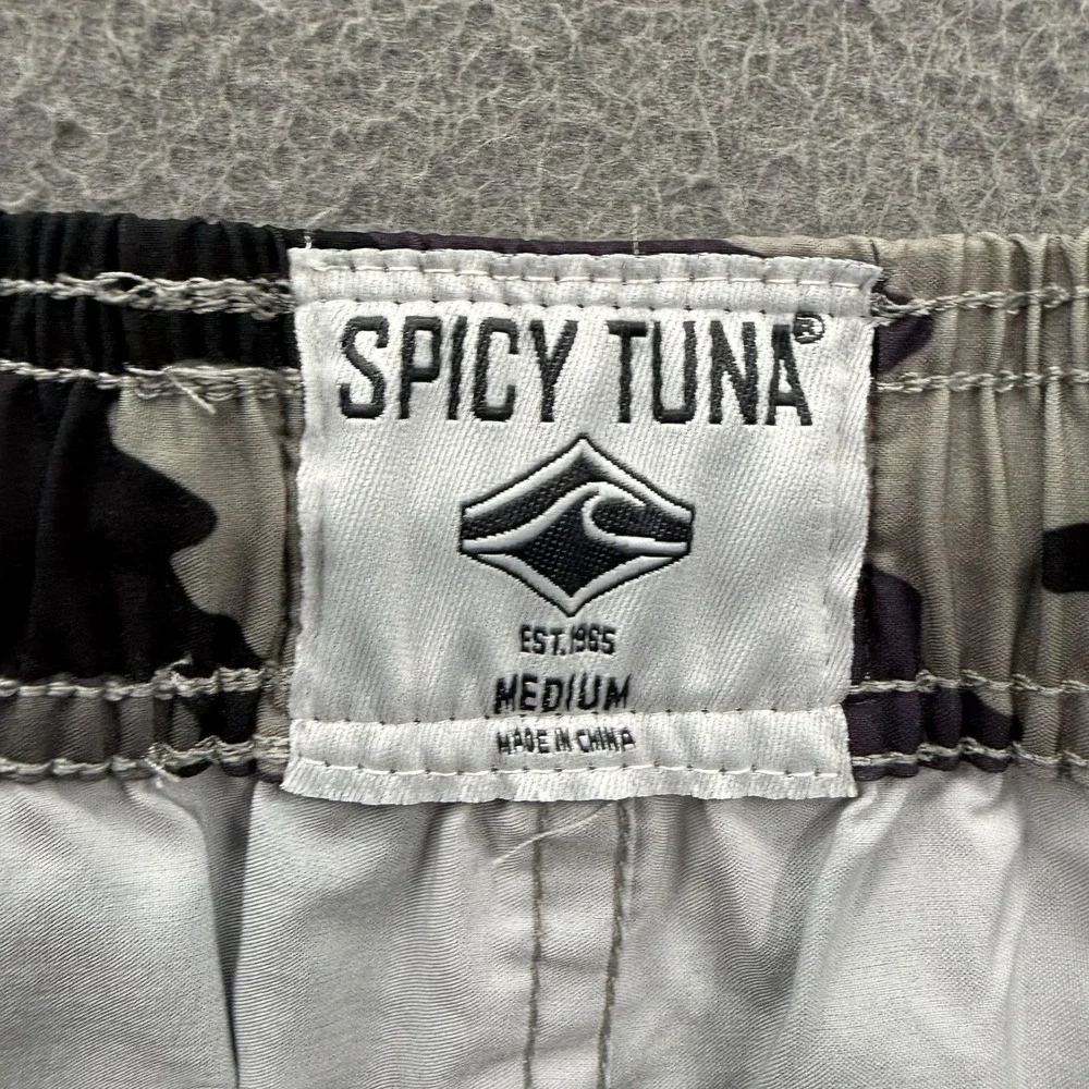 Spicy Tuna Swim Shorts Mens Medium Black Camo‎ Stripe Trunks Mesh UnLined Beach
